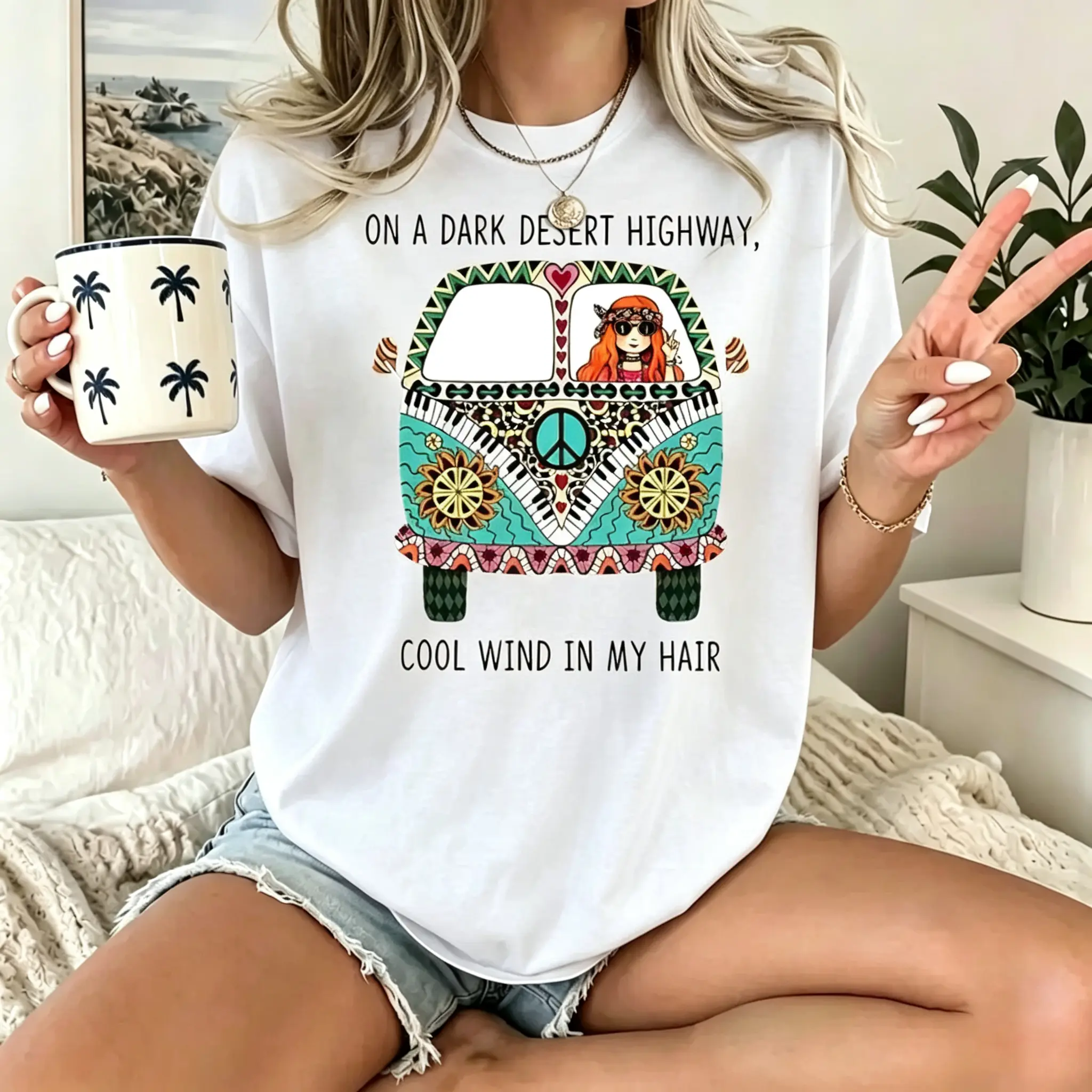 Women's Plus Size Casual Round Neck Boho Graphic Tee, Bohemian Hippie Bus Desert Scene & Dark Highway Quote T Shirt, Boho Clothes for Women