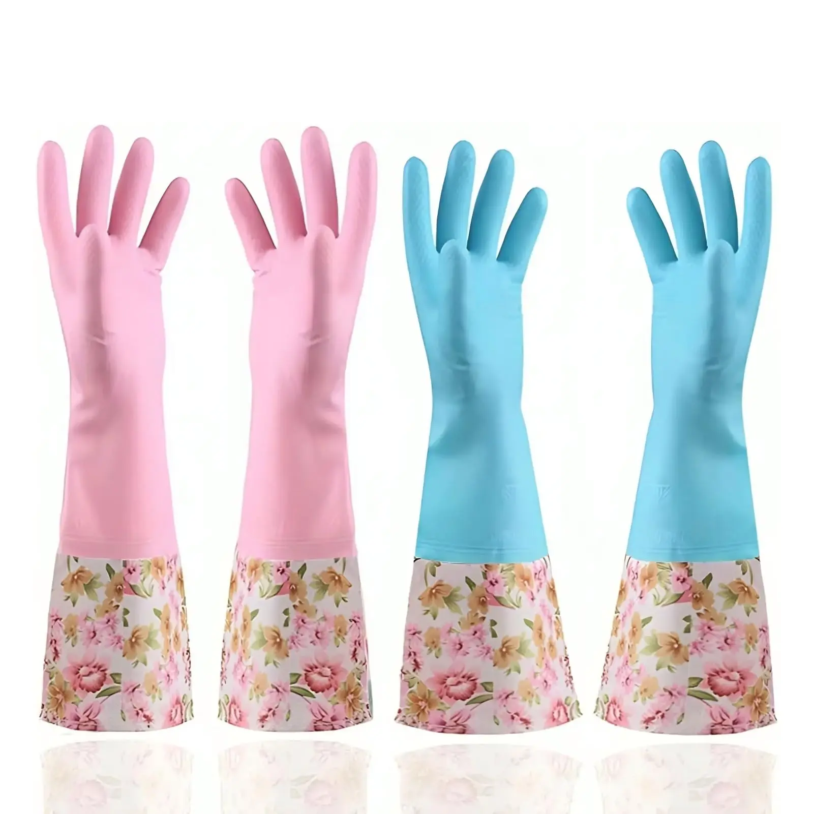 Rubber Waterproof Dishwashing Gloves, 2 Pairs of Fleece Lined Household Cleaning Gloves