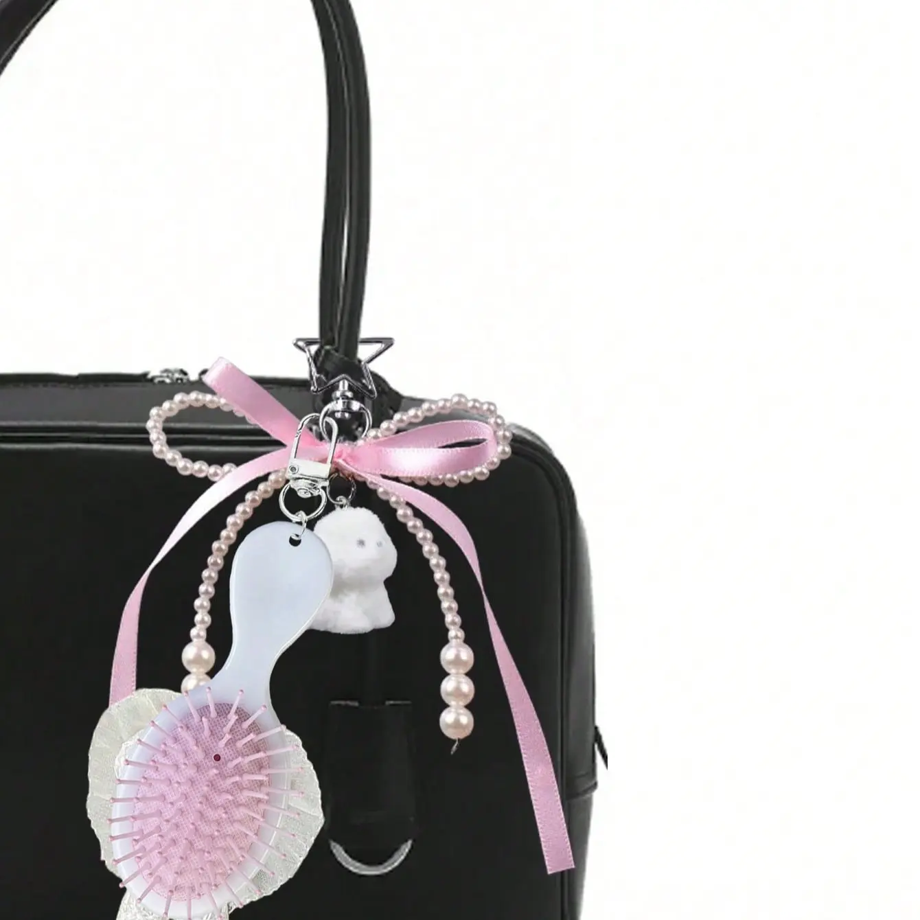 Cute Bunny Wings Bear Lace Cushion Comb Keychain, Mini Hairbrush Pearl Chain Ribbon Rabbit Decoration, Y2K Style Pendant Accessory