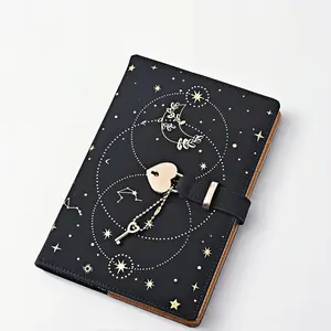 Creative Heart Shaped Key Lock Travel Diary Notebook, Star Moon Cover, 80g Thickened Paper, PU Leather Waterproof Wear-Resistant, Ideal for Notes & Journals, Hardcover Journal Notebook