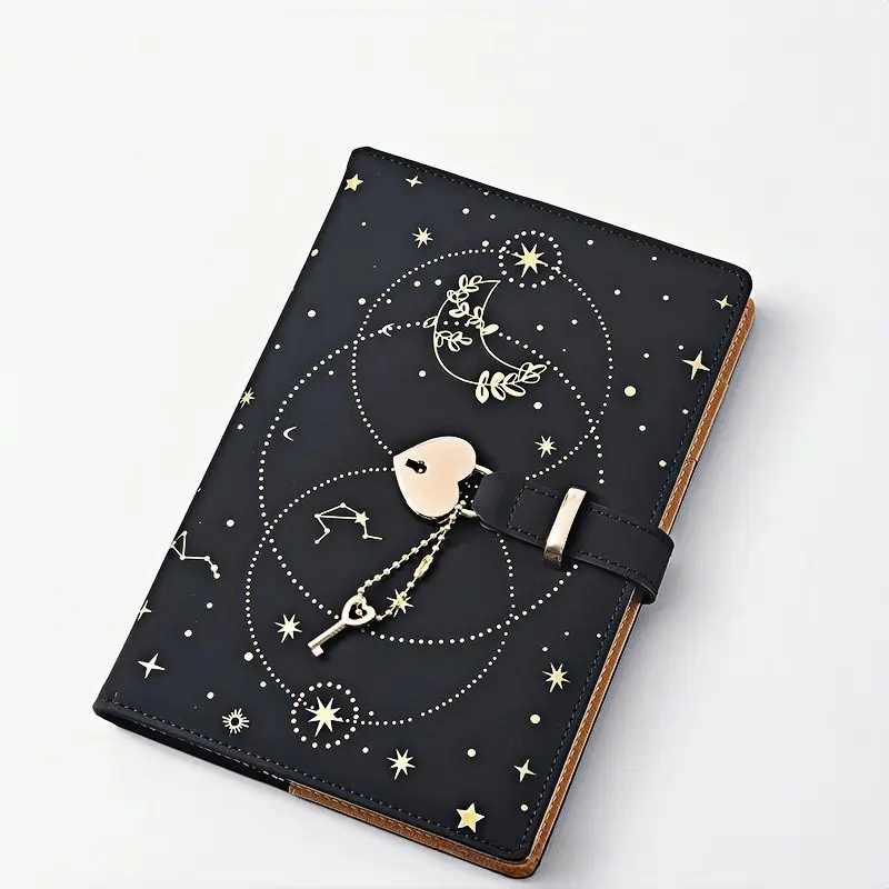 Creative Heart Shaped Key Lock Travel Diary with Lock Notebook, Aesthetic Notebook, Star Moon Cover, 80g Thickened Paper, PU Leather Waterproof Wear-Resistant, Ideal for Notes & Journals, Hardcover Journal Notebook