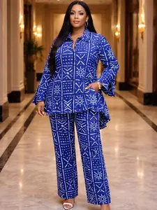 Azure Tribal Ankara Two-Piece Set – Tailored Top & Wide-Leg Trousers