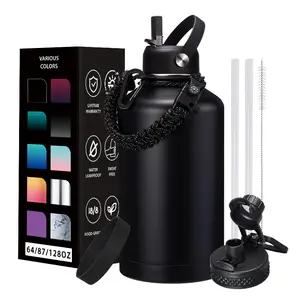 64oz Insulated Water Bottle Flask - Cold-48h & Hot-24h, Stainless Steel Water Bottle Hydro Cup with Paracord Handle, Straw & Spout Lids,  Meta Water Bottle for Sports Fitness Hiking