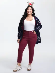 BLOOMCHIC Women's Plus Size Fitted Butt Lifting Skinny Jeans - High Stretch Rubber Waist, Basic Pocket Design, Open Front Burgundy Minimalist Casual BBL Bottoms, M-6X Sizes, 2026 Summer Pick 2026 Summer Vibes Swimweek