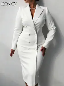 Women's Plus Size Double-Breasted Long Sleeve Blazer Dress, Spring Summer Business Casual Elegant Fit Bodycon Office Commute Formal Occasion Skirt