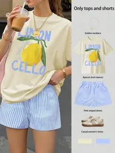 2-Piece Women‘s Casual Summer Set - Lemon Fruit Print T-Shirt & Pink Striped Shorts, Y2K Style Matching Outfit For Daily Outings And Beach Vacations, Womenswear