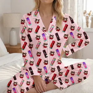 Summer Energy Drink Silky Satin Pajama, Cute Perfume Bottle Pink Pajamas Set, Bow Print Women’s Sleepwear, Alani Energy Drink Pajama Set, Satin Loungewear