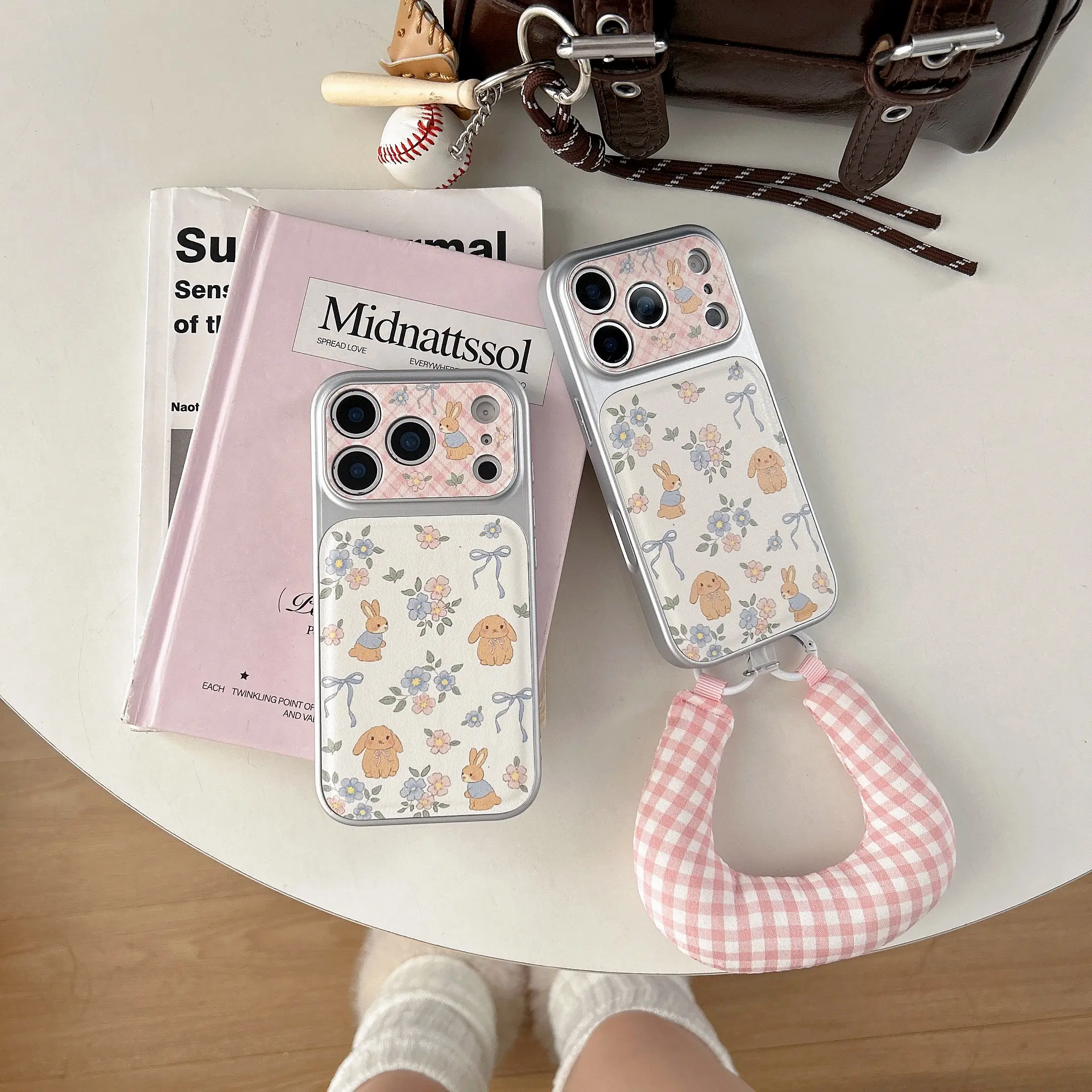 Bow Plaid Rabbit Phone Case with Lanyard, for iPhone 17 Pro Max, 16 Pro Max, 15 Pro Max, 14 Pro, 13 Pro, Fashionable Women's Case
