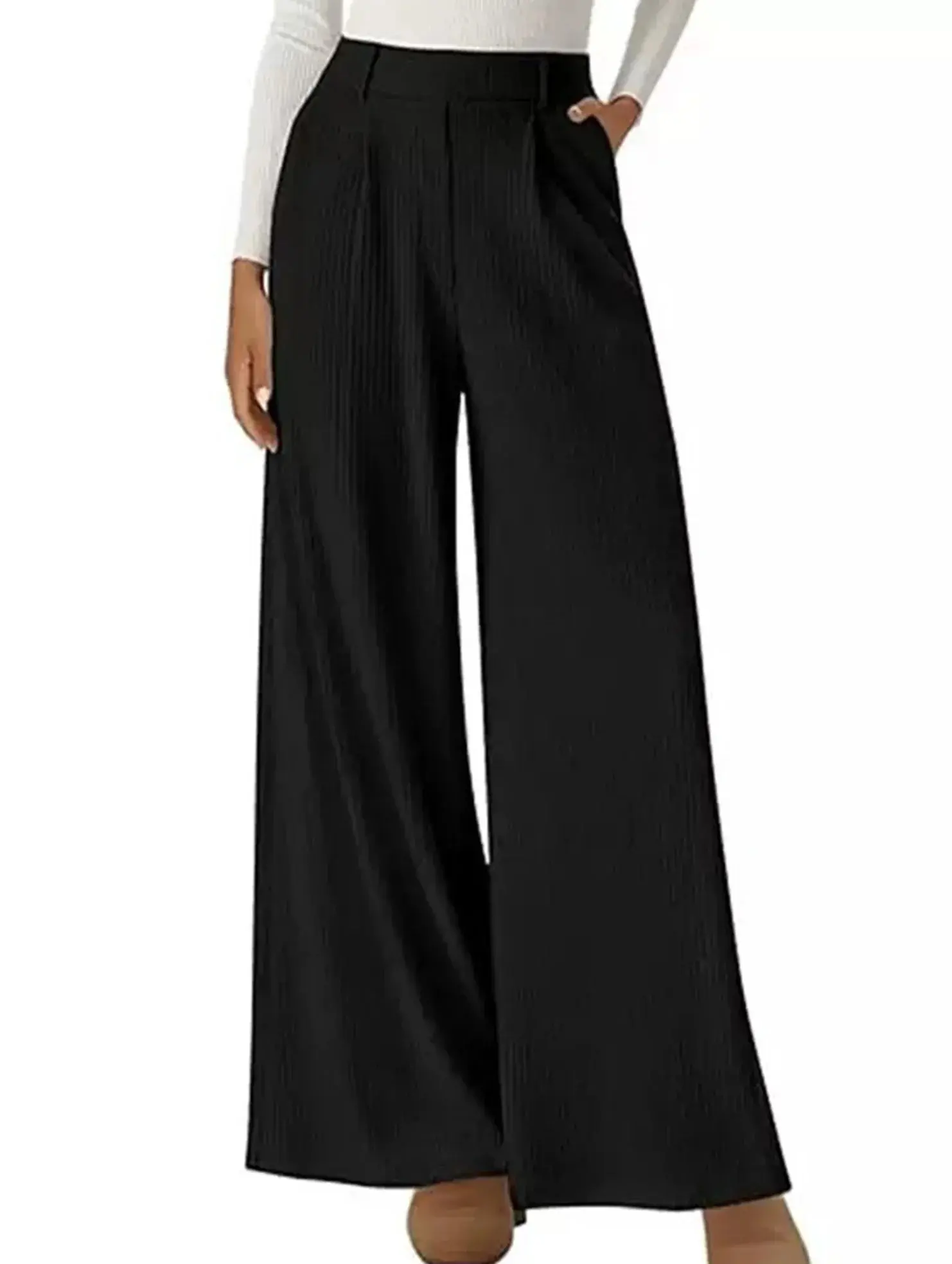 These women’s wide leg pants are designed for everyday comfort and effortless style. Made with a soft stretch fabric blend, they provide a relaxed fit with elegant drape and a clean solid color look  BYL