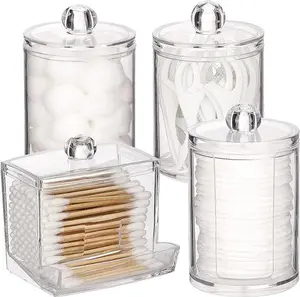 4 Pack Acrylic Qtip Holder Dispenser for Cotton Swabs, Balls, Pads, Floss Picks - Small Clear Plastic Canister Apothecary Jar Set, Bathroom Essentials Additions Decor, Vanity Makeup Storage Organizer gift,summerwins