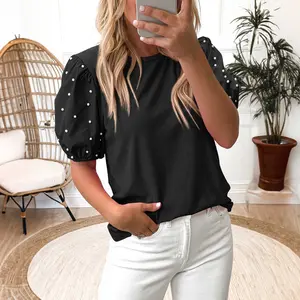 Black Ribbed Pearl Beaded Puff Sleeve Top