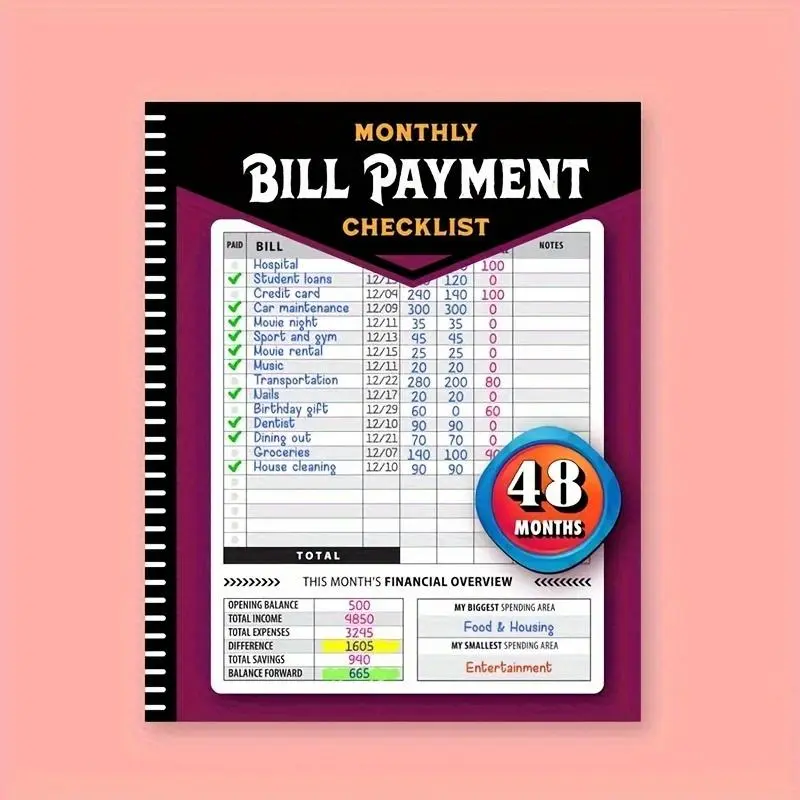 48-Month Bill Payment Checklist Planner, Financial Planner, Budget Planners, Monthly Bill Tracker Notebook for Home Finances & Budget Management, Finance Checklist Organizer, English Language, Paper Material