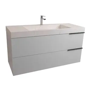 Mallorca 47.5 Matte White Cabinet, Solid Surface Matte White Top Carrara Infinity Sink, Wall Mounted Modern Vanity Set