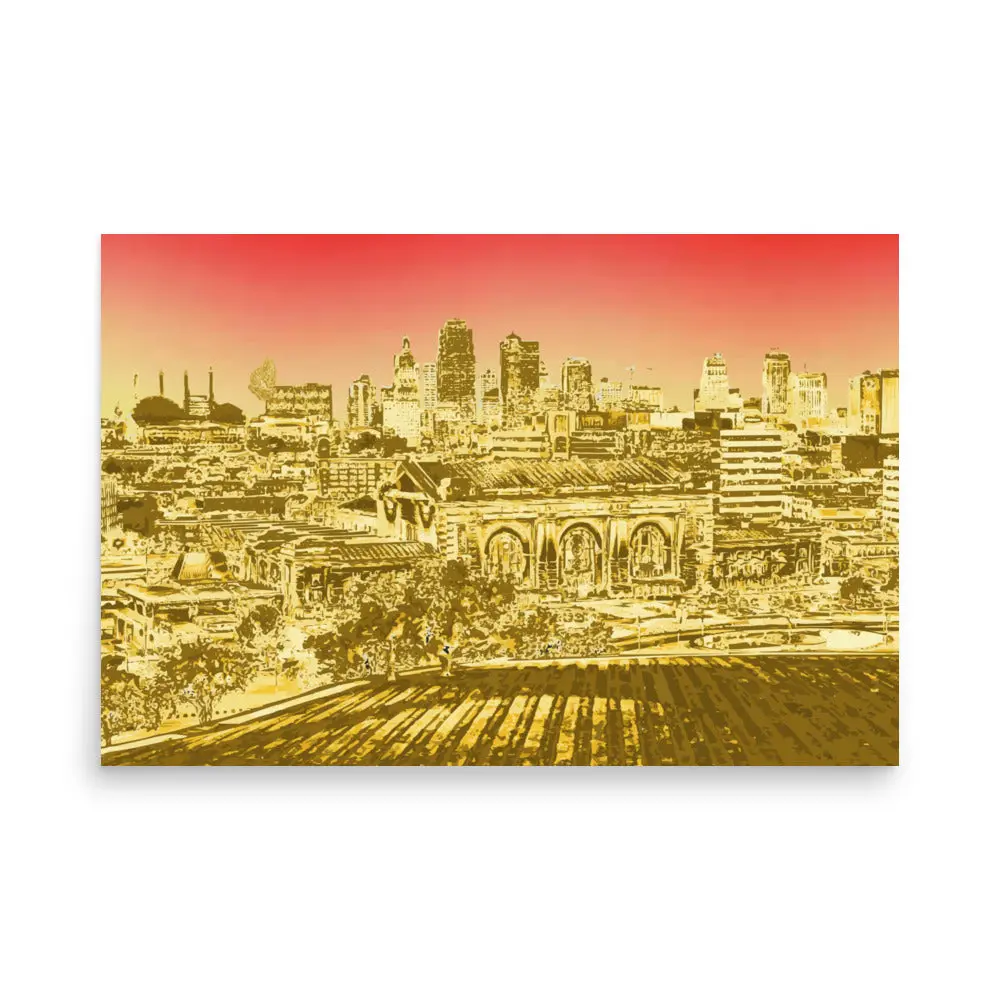 Kansas City Shimmering Skyline Wall Art: Gold Butterfly Cityscape Print