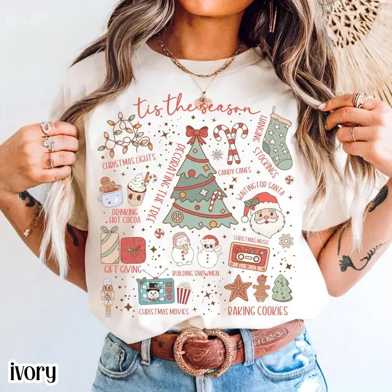 Gildan Tshirt/Comfort Colors Christmas Shirt, Christmas TShirt, Tis The Season Xmas Tee, Holiday Cookie Baking Tree TShirt, Merry And Bright Santa Tee