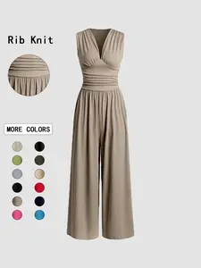 Women's Plain Ruched Deep V Neck Wide Leg Jumpsuit, Sleeveless Ribbed Jumpsuit for Daily Wear, Ladies Clothes for All Seasons, Casual Basic Jumpsuit, Casual Jumpsuits