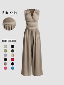 women's minimalist plain ruched deep v neck wide leg jumpsuit, lady casual basic fitted comfort sleeveless ribbed jumpsuit for daily wear, ladies clothes for all seasons, womenswear overalls, casual fashion jumpsuit