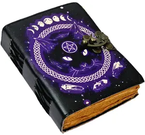 HANA EXPORTS Book of Spells Leather Journal Deckle Edge Paper Magic Cat Goddess