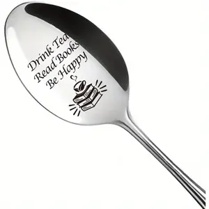 Engraved Stainless Steel Tea Spoon - "Drink Tea, Read Books, Be Happy" - Ideal Gift for Tea Lovers, Women, Men, Daughter, Son, Friends, Coworkers - Perfect for Valentine'S Day/Christmas