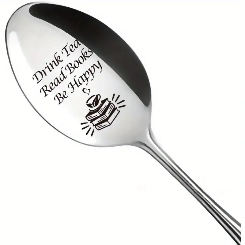 Engraved Stainless Steel Tea Spoon - "Drink Tea, Read Books, Be Happy" - Ideal Gift for Tea Lovers, Women, Men, Daughter, Son, Friends, Coworkers - Perfect for Valentine'S Day/Christmas
