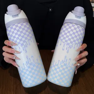 32oz Insulated Stainless Steel Water Bottle Tumbler with Straw, Gradient Dissolving Pattern, Ideal for Cold Drinks, Travel & Outdoor Activities, Hydration Tumbler