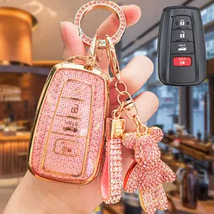 Toyota Car Keychain Cover with Heart-Shaped Lock, Diamond Pattern Key Case, Full Protective Soft Key Holder, Car Interior Accessories Girls for Rav4 Camry Corolla Avalon Chr Prius Gt86 Hanuman Gift