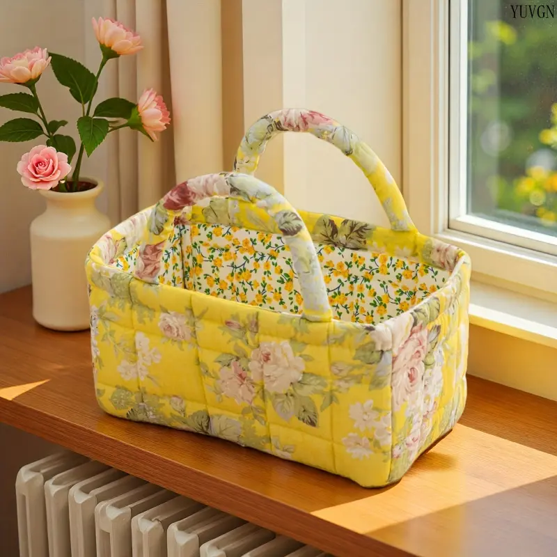 Vintage Floral Print Quilted Fabric Storage Basket, Portable Thick Foldable Organizer for Snacks, Cosmetics & Bedroom Essentials, Versatile Bathroom & Laundry Tote for Women, Flower, Collapsible Everyday Baskets, Floral Pattern Basket