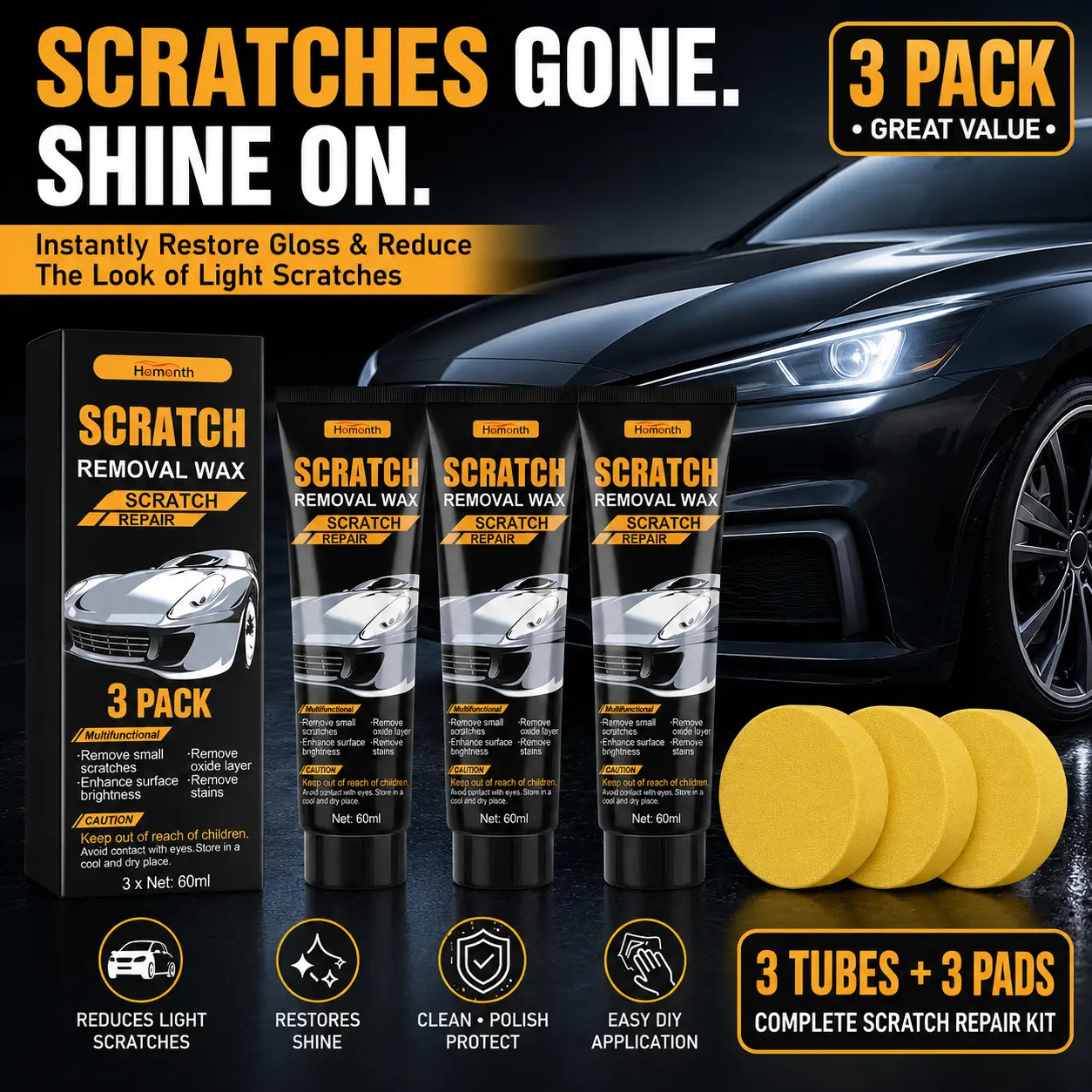 【Best-selling】3-Pack Scratch Removal Wax with Application Sponge
