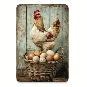 Vintage Farmhouse Rooster Egg Basket Metal Tin Sign 8x12 Inch Durable Aluminum Decor for Kitchen Wall Bar Man Cave Country Home