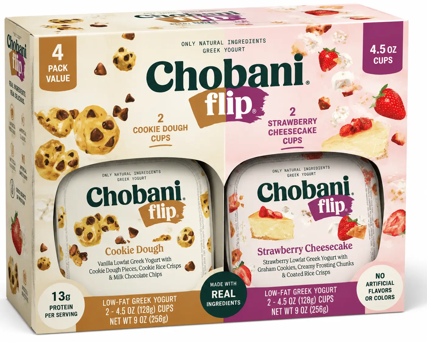 Chobani Flip Low-Fat Greek Yogurt Variety Pack – Cookie Dough & Strawberry Cheesecake, 4.5 oz Cups, 4-Pack, High Protein Snack