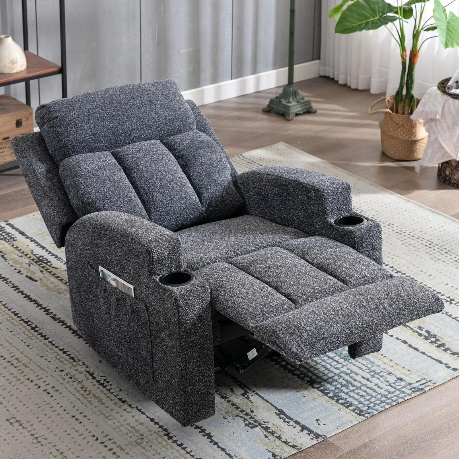 EBELLO Soft Suede Manual Recliner Chair with Massage & Heat, Ergonomic Overstuffed Breathable Fabric, Reclining Backrest, Armrest, 2 Side Pockets (Easy Reach), Cup Holders, Remote Control, 4 Massage Zones, Living Room Furniture (Shipped in 2 Packages)