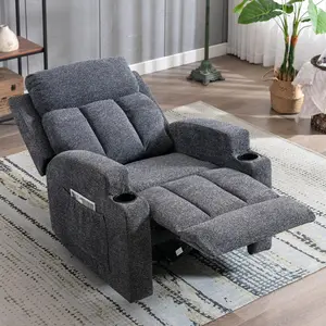EBELLO Soft Manual Recliner Chair with Massage & Heat, Ergonomic Overstuffed Breathable Fabric, Reclining Backrest, 2 Side Pockets, Cup Holders, Remote Control, Living Room Furniture (Shipped in 2 Packages), Soft Chair, Upholstered Armchair, Overstuffed L