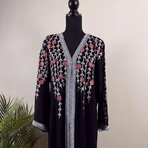 Dubai Abaya with Floral Embroidery and Silver Accents for Elegant Wear