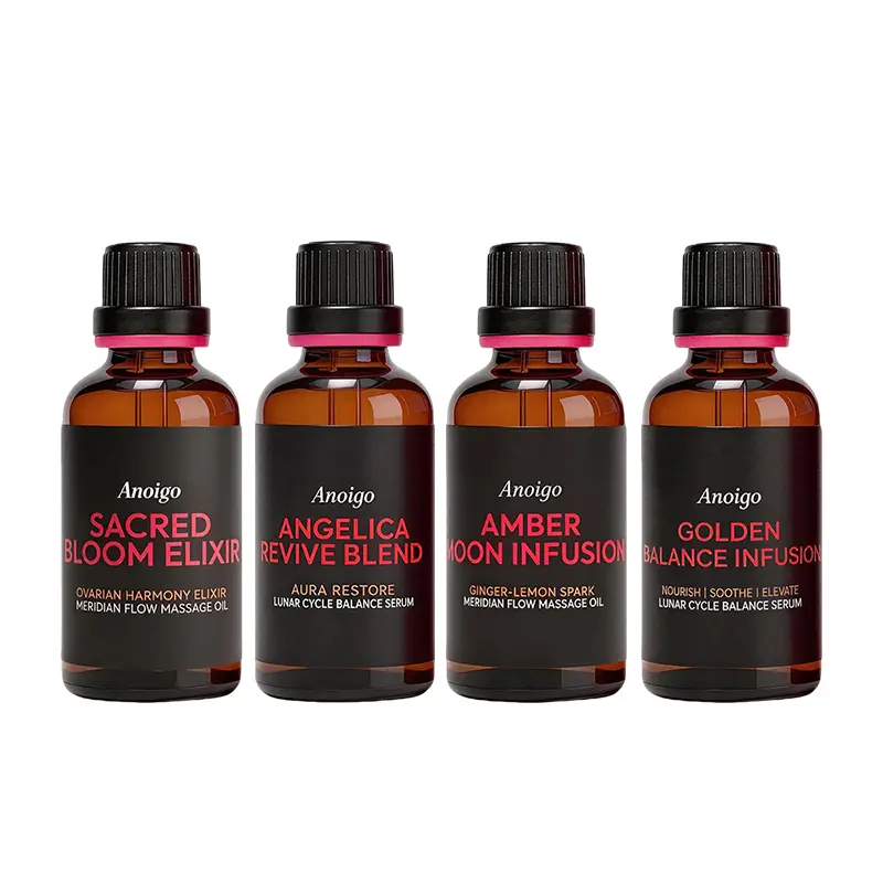 Anoigo Complete Cycle Essential Oil Set | 4x50ml Ginger, Cinnamon, Angelica & Ylang-Ylang Oils for Period Self-Care & Bloating Support Wellness Therapy
