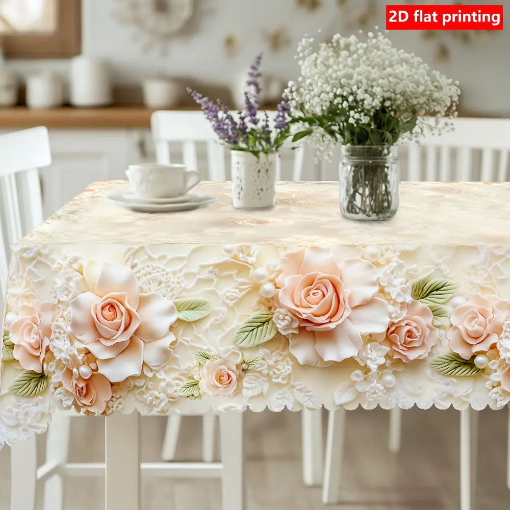1pc French Country Floral Tablecloth Compatible for Valentine's/Mother's Wedding/Birthday - Elegant Rose Pattern Rectangular Table Cover, Machine-Made Easy-Care Polyester Fabric Suitable for Indoor/Outdoor Kitchen Dining Decor, Romantic Gift, 2D Flat