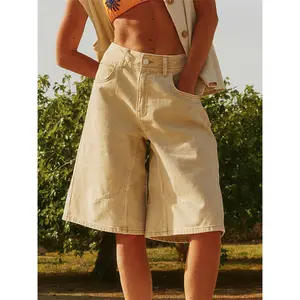 Womens Knee Length Curvy Denim Shorts Solid Color Low Waist Wide Leg Jean Shorts For Summer