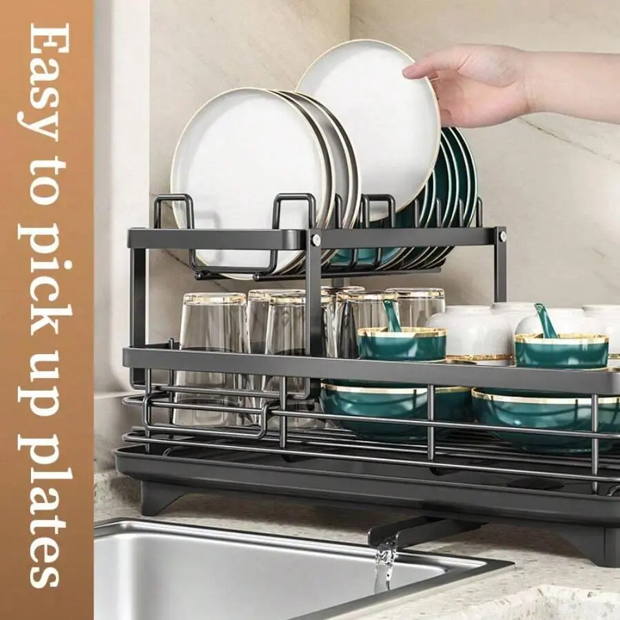 [Countertop Space Saver] 2-Tier Carbon Steel Dish Drying Rack | Heavy-Duty Rust-Proof Dish Rack with Drainboard & Cup Utensil Holder