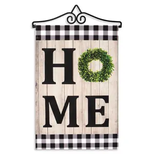 G128 Combo Pack Garden Flag Hanger 14IN & Garden Flag Home Sweet Home Wreath 12x18IN Printed Double Sided Burlap Fabric