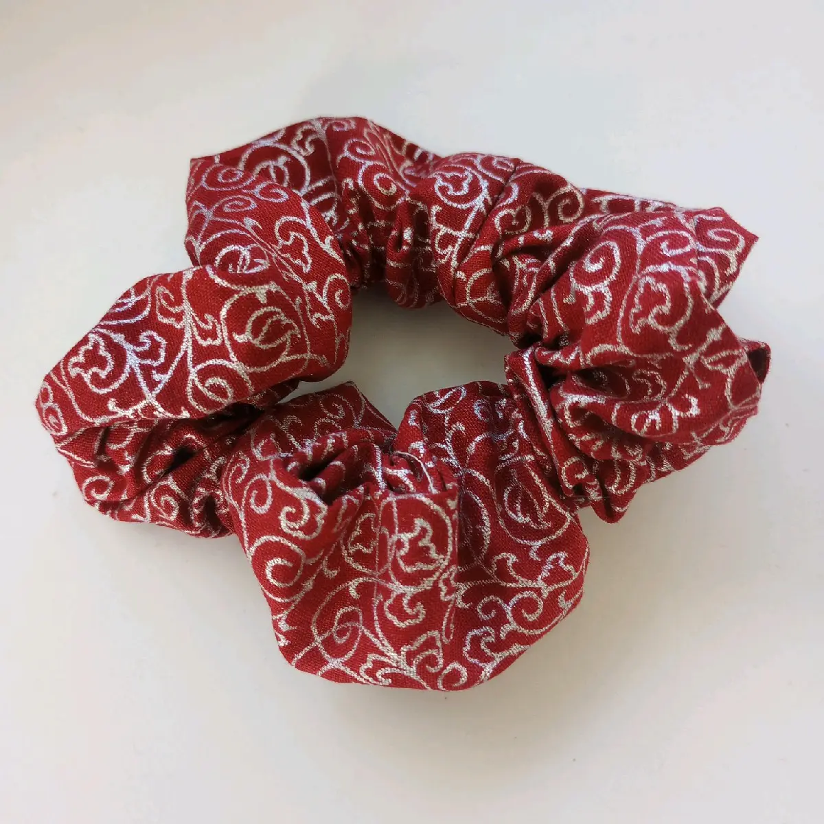 Christmas Floral Cotton Scrunchie, Handmade Festive Hair Tie in Silver and Maroon for Casual or Party Wear - Won't Damage Hair, Daily, Everyday, Handmade With Care, Unisex, Soft Fit