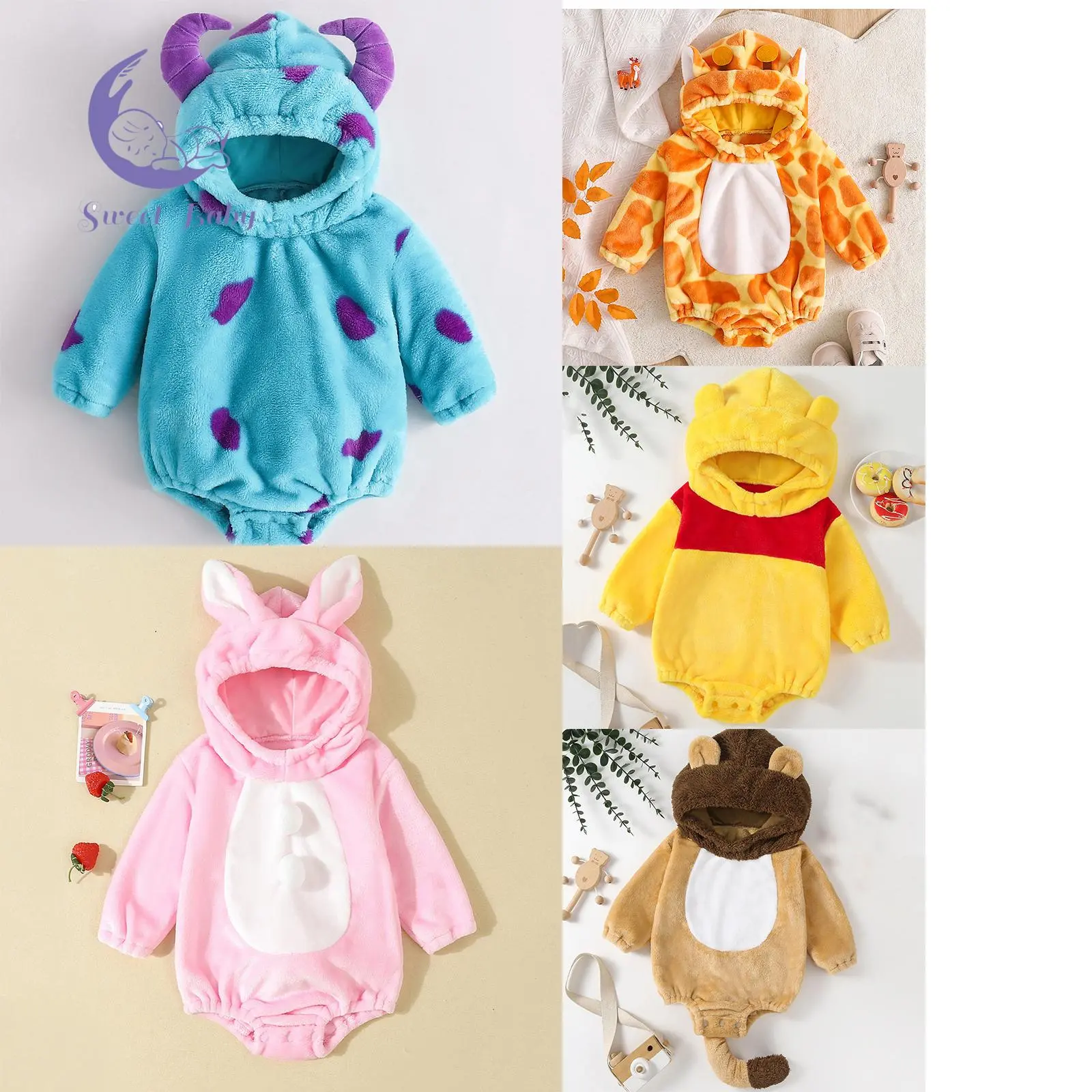Unisex Baby Animal Flannel Rabbit Costume, Hooded Long-Sleeve Role-Play Pajama Romper, Cosplay Jumpsuit