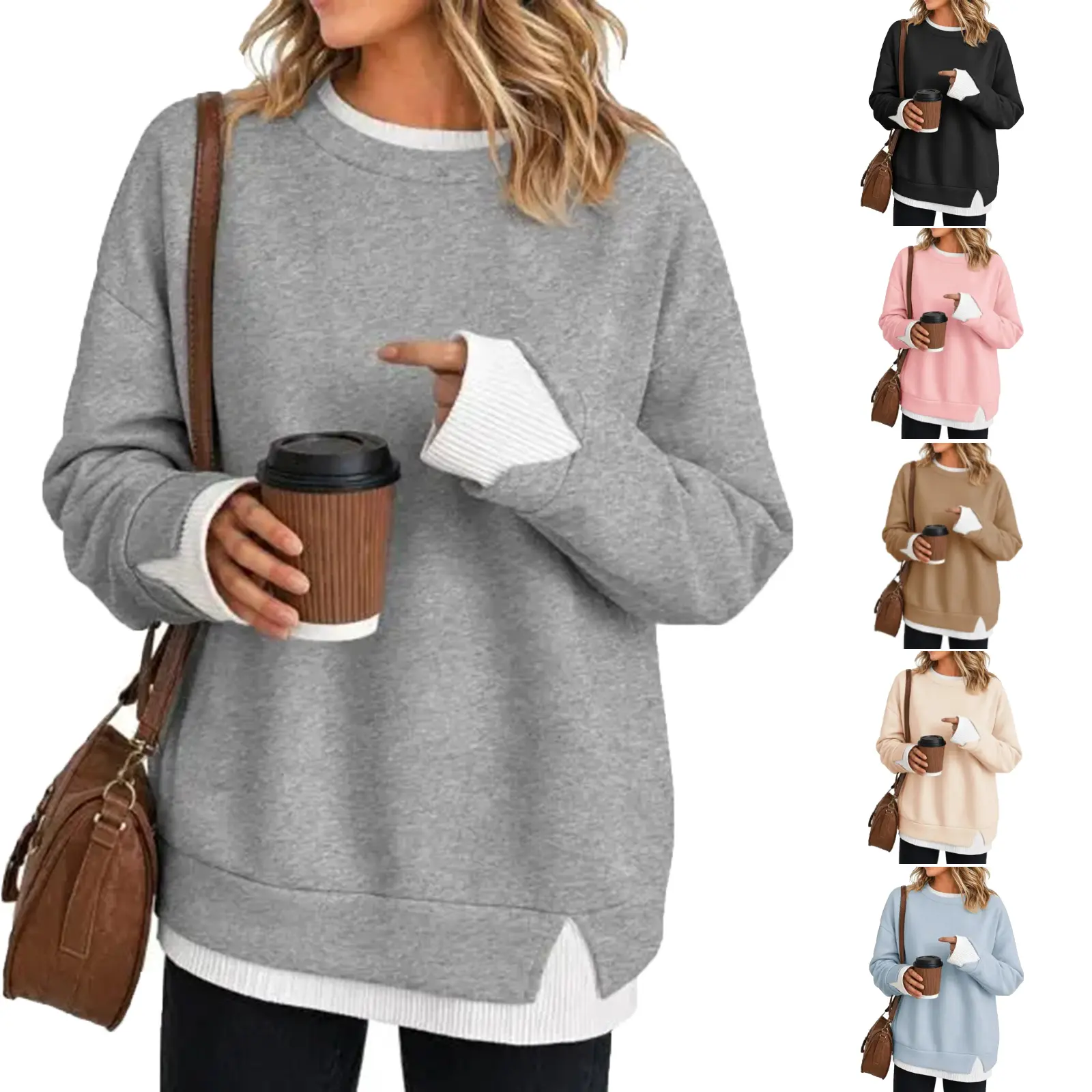 Women's Loose Fit Crewneck Sweatshirt Long Sleeve Layered Look Pullover, Contrast Trim Side Slit Casual Top