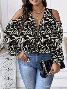 women's  marble print cold shoulder zipper blouse, casual plus size bishop sleeve top for spring & fall, women's clothes for daily wear