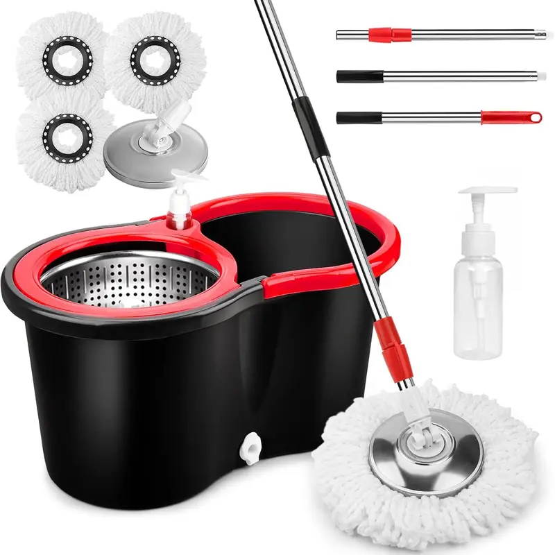 Multicolor 360° Spin Mop and Bucket Set with Long Adjustable Stainless Steel Handle, 3 Microfiber Mop Pads, Non-Slip Design, Auto-Rotating Function for Household Items, Apartment Stuff, Deep Cleaning House Supplies, Clean Floors Solution