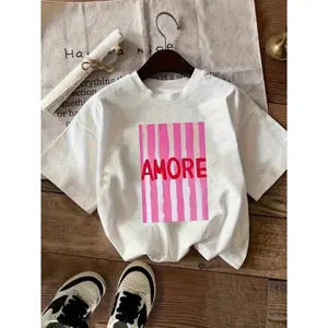 Amore Pink Stripe Graphic Tee Women Cute Trendy Oversized Crewneck Short Sleeve Casual Summer Top Soft Comfy Streetwear Outfit For Everyday Vacation