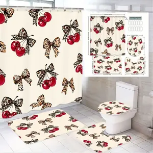 1/4pcs Cherry Leopard Print Shower Curtain Set - 72x72 Inches Beige Shower Curtain with Red Cherries & Leopard Bows, Square Bath Mats, Toilet Seat Cover - Whimsical Theme for Bathroom Decor, Perfect for Valentine's Day, Spring, Shower Essentials