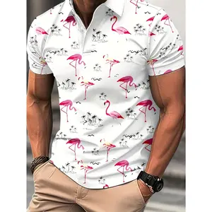 Pink Flamingo Fashion Print Casual Style Short Sleeve Button-Up Men's Shirt