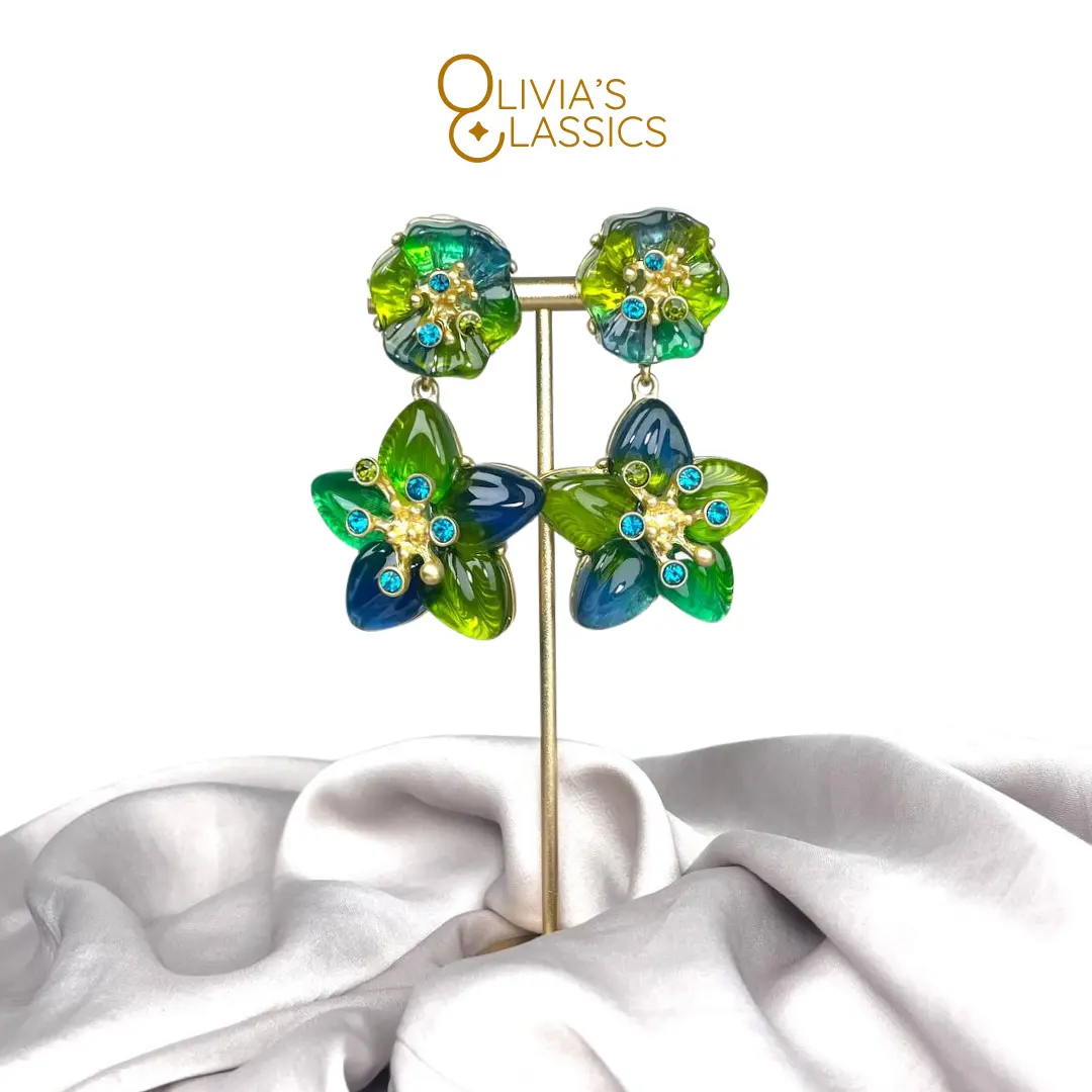 Olivia's Classics Ocean Bloom Crystal Drop Earrings - Elegant Green & Blue Floral Design Classic Jewelry