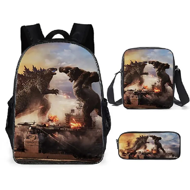 Godzilla Printed Oxford Cloth Backpack Set with Pencil Case - Casual, Lightweight PU Leather Adjustable Shoulder Strap Crossbody/Shoulder Bag for Primary-Middle School Students, Work & School Use, Male-Friendly Office Stationery Accessory, Printed Art