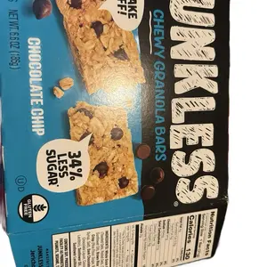Junk list chewy granola bar no fake stuff 34% less sugar chocolate chip six bars and a 1.1 ounce 31 g bars net weight 6.6 ounces 186 g gluten-free