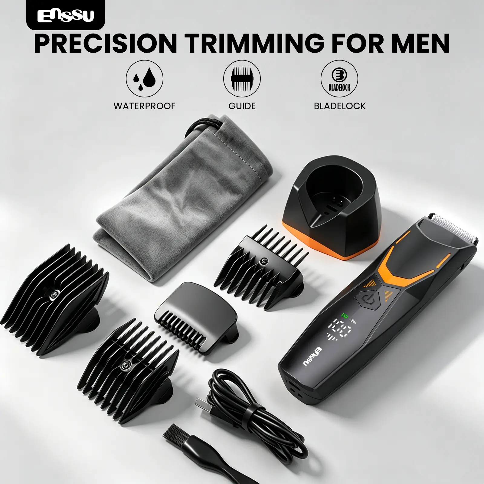 Enssu Pro Electric Body Trimmer for Men – Waterproof Pubic & Body Hair Groomer, Type-C Rechargeable Cordless Shaver with Ceramic Blades, Wet/Dry Use, Precision Grooming for Smooth Skin